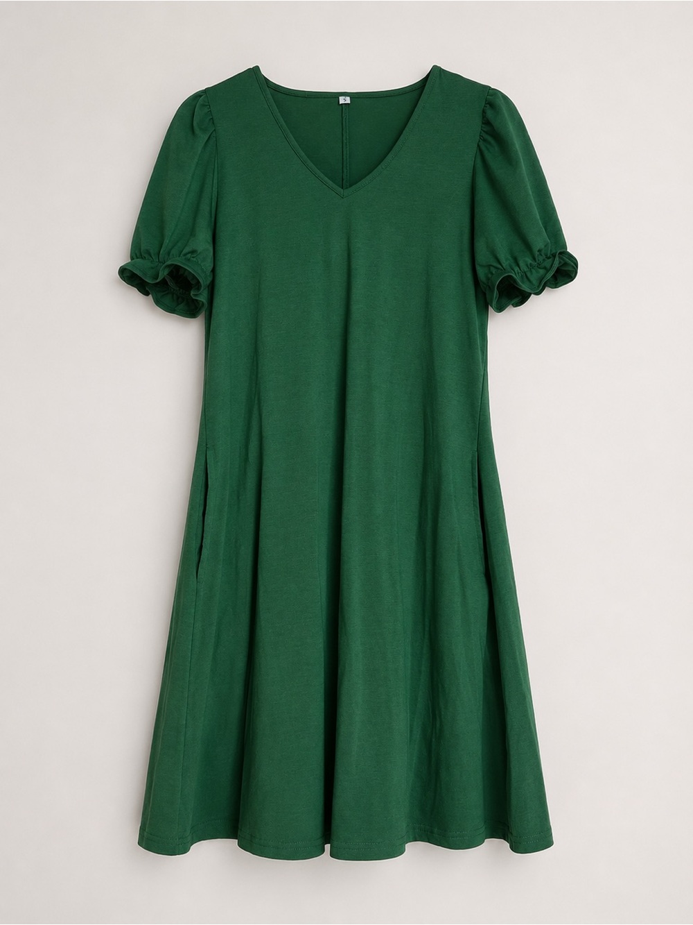 Green V-Neck Puff Sleeve Dress